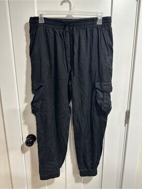 Women's Black Cargo Jogger Pants with Elastic Waist and Cuffs